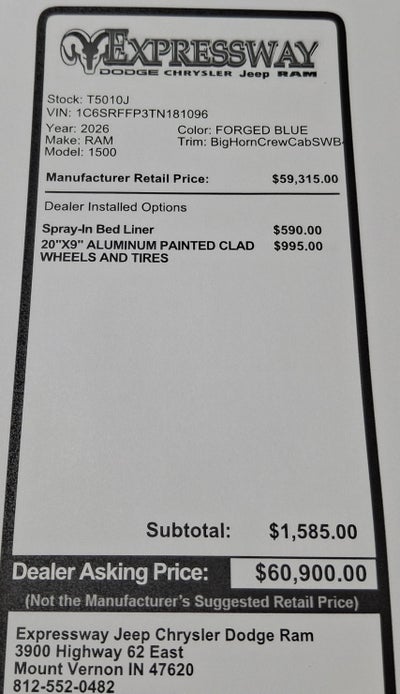 2026 RAM 1500 Big Horn 4x4 Crew Cab 5'7 Box